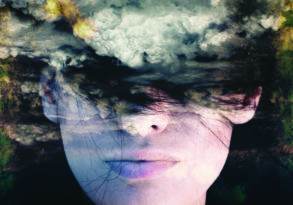 A surreal portrait of a woman with her eyes obscured by textured, cloud-like overlays blending with her face, conveying a dreamlike atmosphere that captures the essence of Liminal Dreaming.