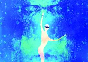 Abstract artwork featuring a humanoid figure reaching upwards against a blue, textured background with symmetrical patterns, symbolizing Feminine Awakening.