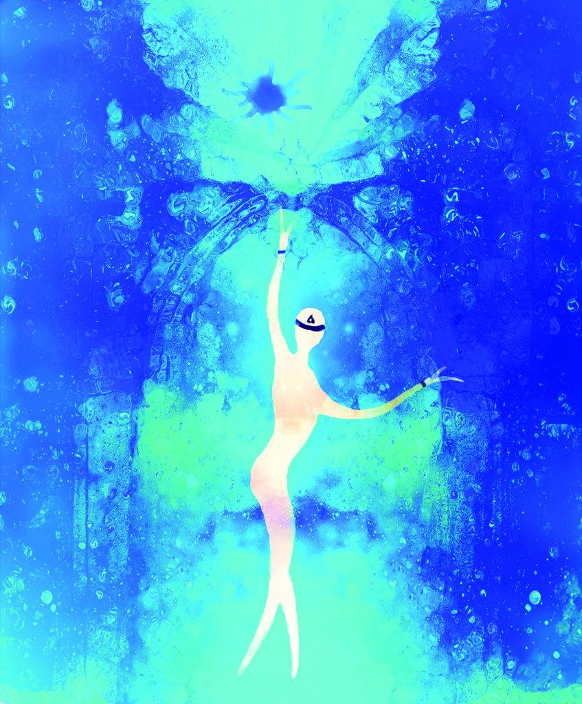 White silhouette of dancing woman on blue background