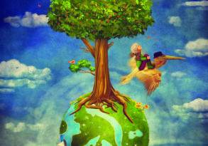 A whimsical illustration of a large tree growing on a small earth, with an innocent young girl and an owl symbolizing wisdom flying on a broomstick beside it, under a blue sky with clouds