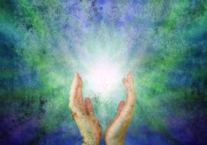 Two hands cupped upward against a vibrant, mystically illuminated blue and green watercolor background, symbolizing the energy body.