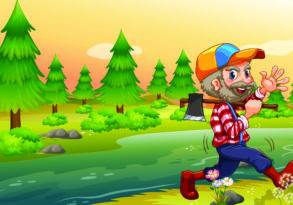 Cartoon camper in plaid shirt and overalls running with an axe in a lush green forest setting, near a stream at sunset.