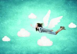 A young woman with wings flies among clouds in blue skies on a textured turquoise background, expressing joy and freedom.