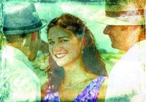 A young woman smiling, flanked by two older men in hats, with a textured, green overlay effect, representing non-monogamy.