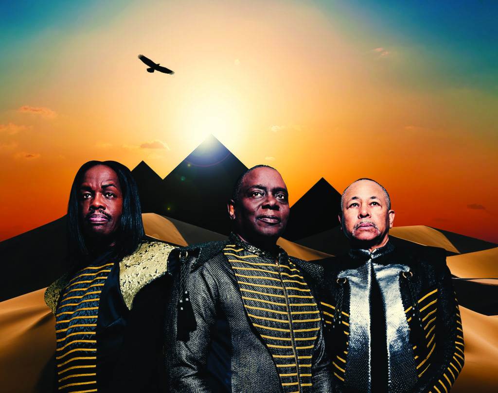 three men that are symbolizing Earth, Wind & Fire