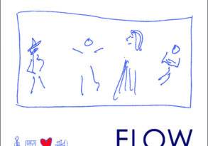 Album cover for "FLOW" featuring simplistic blue line drawings of musicians and musical symbols on a white background, tailored for the music industry.