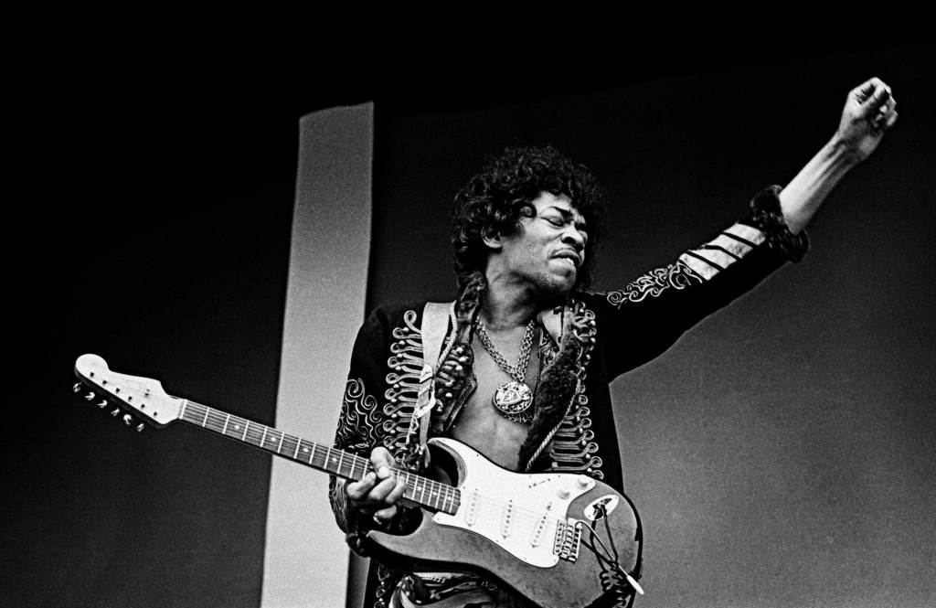 Jimi Hendrix performing a sound check at Monterey Pop Festival