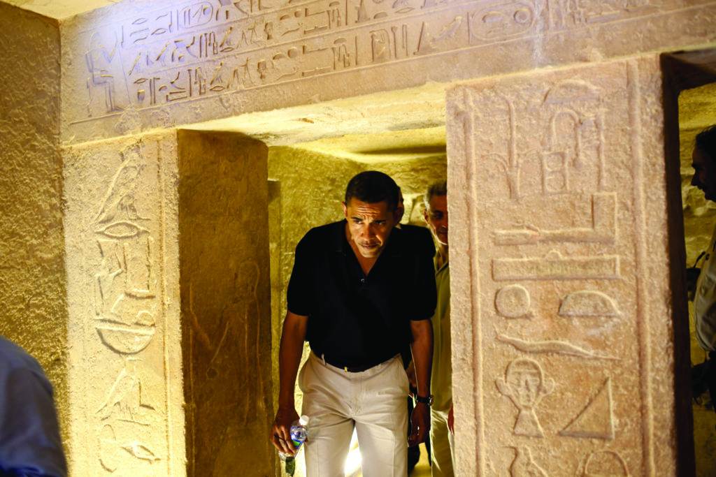 Pyramids of Giza, where he remarked that the hieroglyphic (center right) looked like him, June 2009