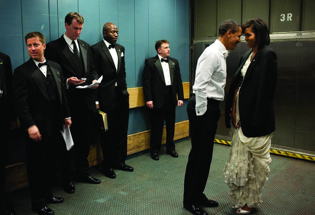 Sharing his tuxedo coat in a freight elevator on the way to Inaugural Ball, Jan. 2009