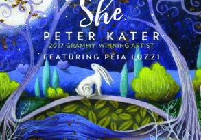 Album cover for "She" by Peter Kater, featuring Peia Luzzi, showcasing whimsical artwork with a white bird and lush, stylized nature elements.