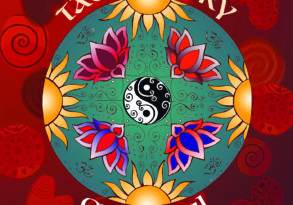 Illustration of a vibrant tao symbol embedded in a blue circle surrounded by colorful lotus flowers, with the words "tao theory" and "grateful" on a red swirly background