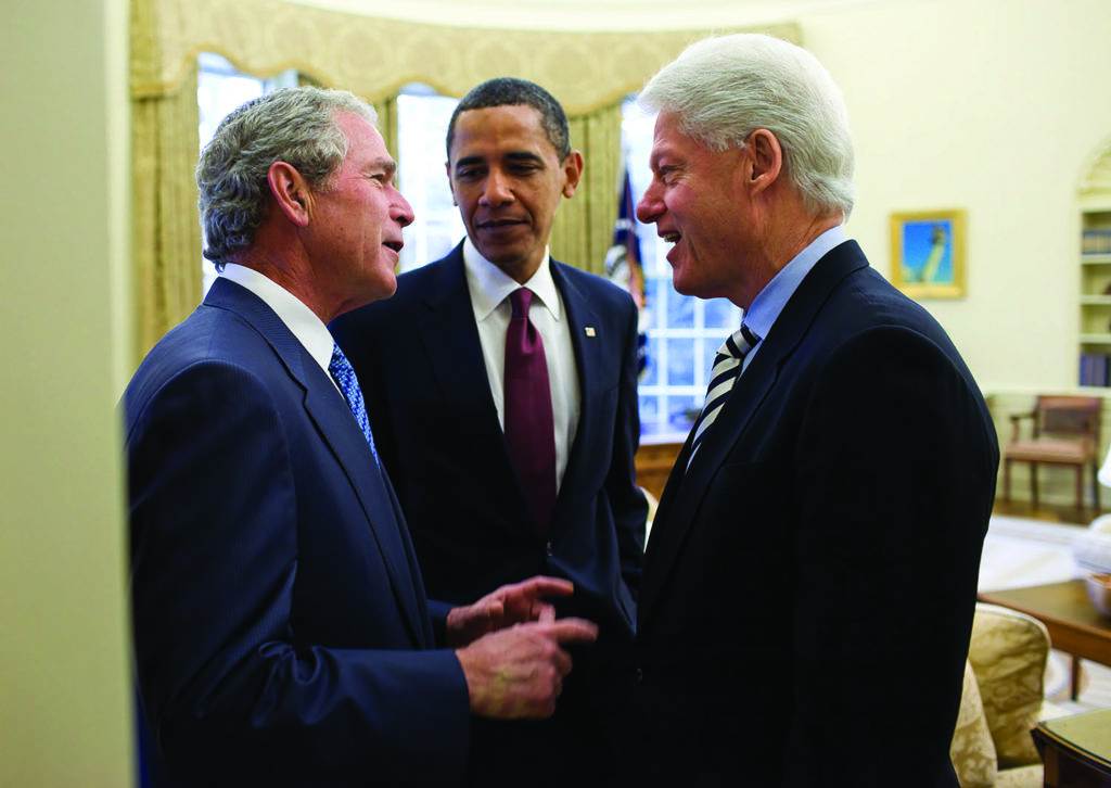 With former presidents Bush and Clinton in the situation room, Jan. 2010