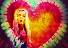 A young woman in a tie-dye shirt with a heart design, reminiscent of the 1967 Summer of Love, blowing on a dandelion, vibrant colors in a psychedelic pattern surrounding her.