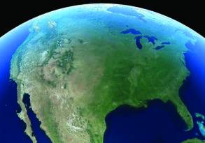 Satellite view of North America illustrating its last prominent geographical features, with clearly visible green and brown terrain.