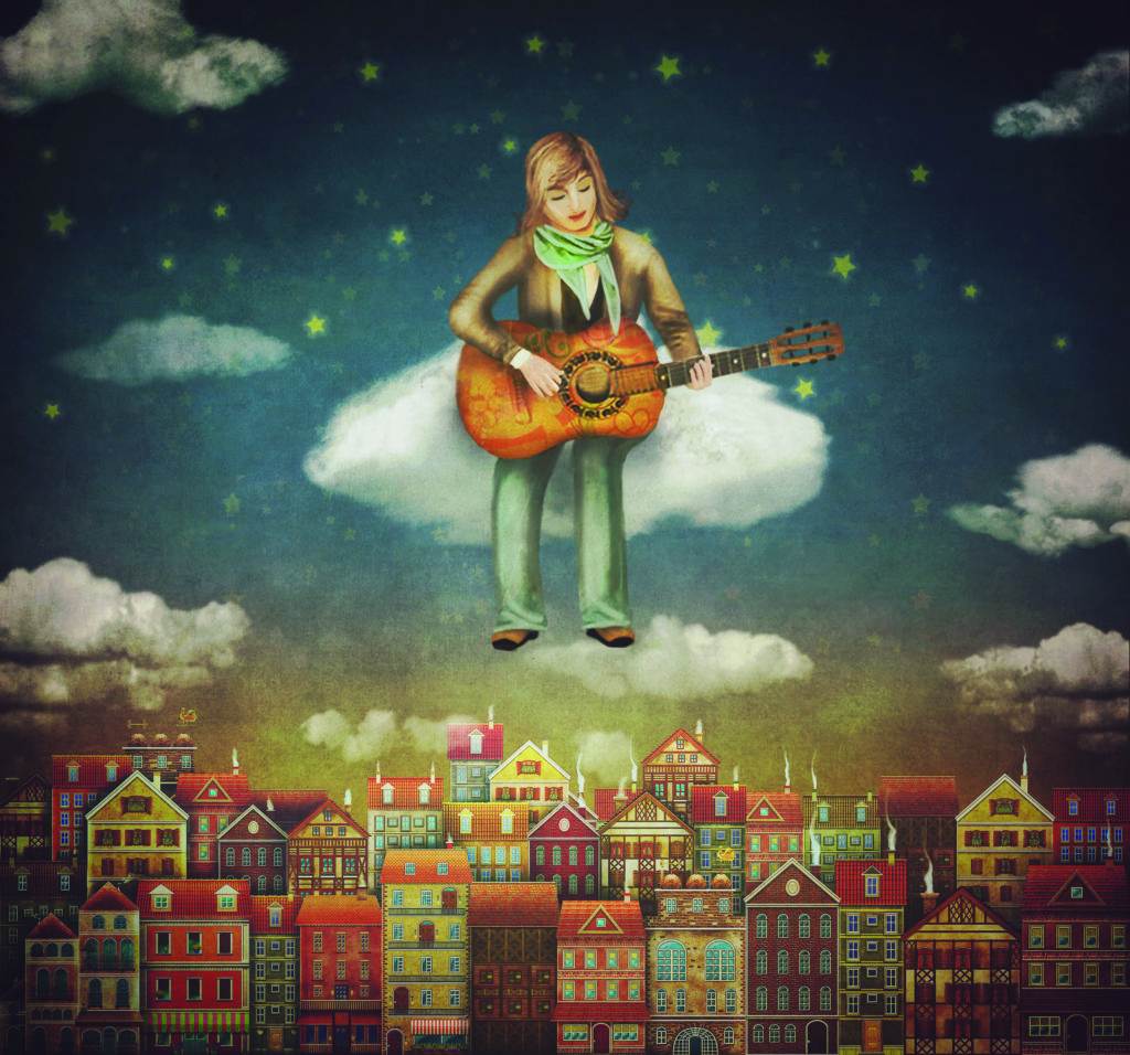 a man playing guitar and sitting on the cloud