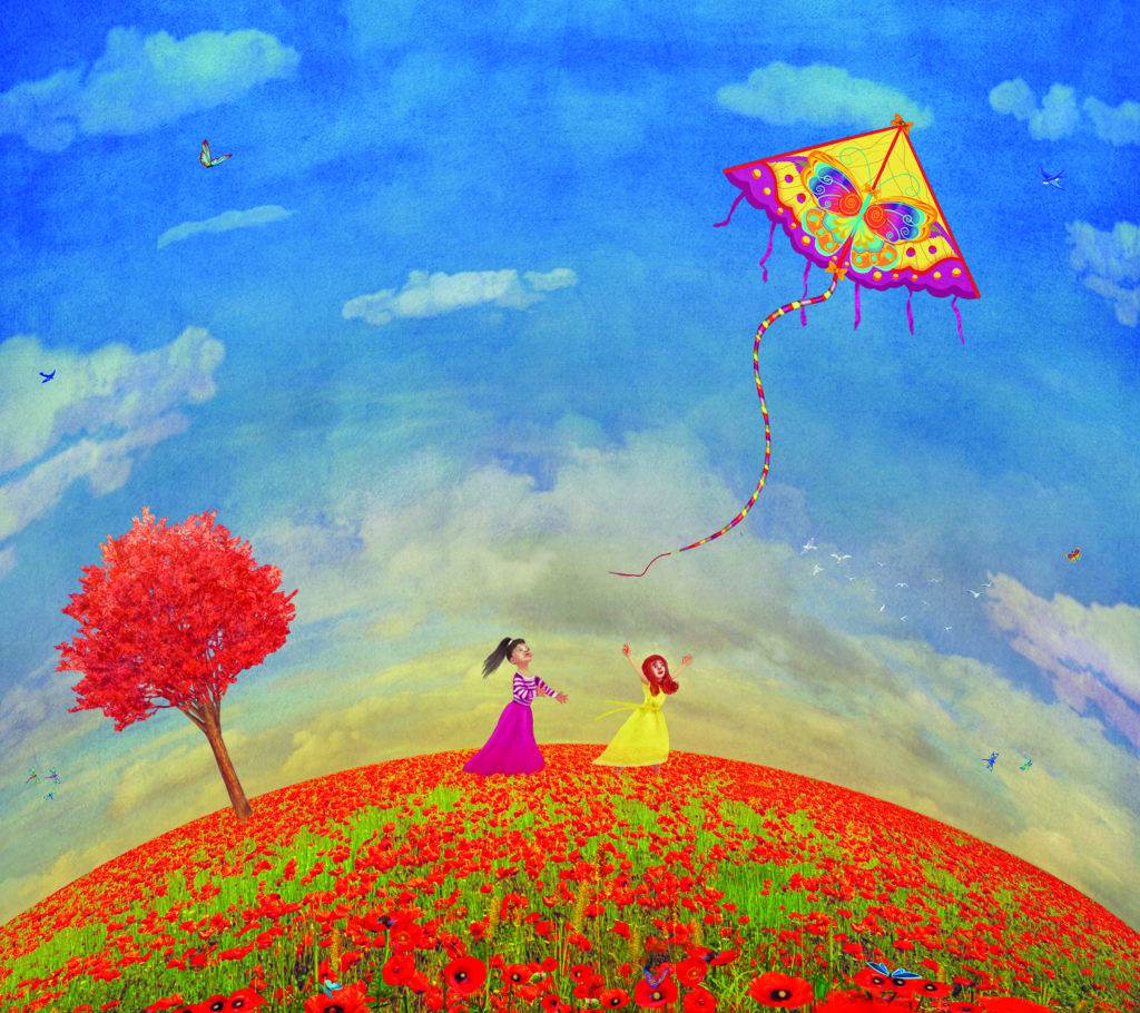 two girls running with a kite